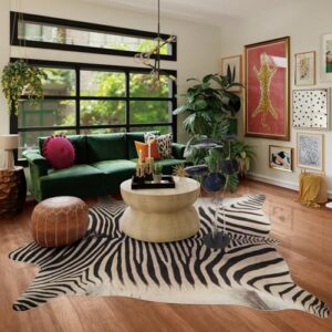 guzareuu zebra rug 7.6x6.2 ft zebra print rug funky area rug for living room bedroom, non-slip durable faux cowhide rug no fur