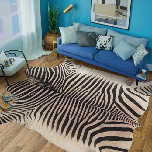 GUZAREUU Zebra Rug 7.6x6.2 ft Zebra Print Rug Funky Area Rug for Living Room Bedroom, Non-Slip Durable Faux Cowhide Rug No Fur