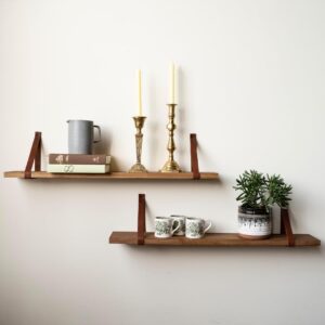 hardwood customizable shelves ~ with full grain leather straps - choose your stain (6x24 inches, mahogany)