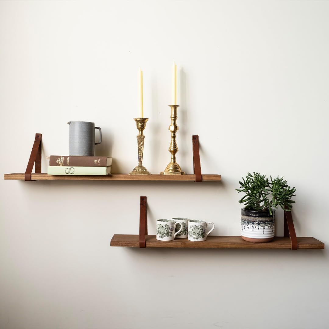 Hardwood Customizable Shelves ~ With Full Grain Leather Straps - Choose Your Stain (6x24 inches, Mahogany)