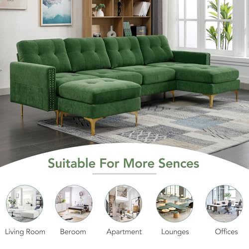 EOVTK Convertible Sectional Sofa with Movable Ottoman, 110" L-Shape Velvet Couch with Golden Metal Legs & Side Storage Pockets for Living Room, Apartment, Office, Green