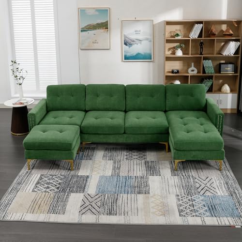 EOVTK Convertible Sectional Sofa with Movable Ottoman, 110" L-Shape Velvet Couch with Golden Metal Legs & Side Storage Pockets for Living Room, Apartment, Office, Green