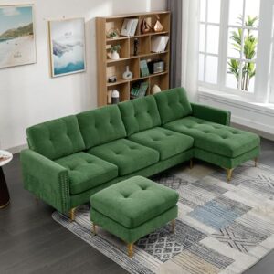 eovtk convertible sectional sofa with movable ottoman, 110" l-shape velvet couch with golden metal legs & side storage pockets for living room, apartment, office, green