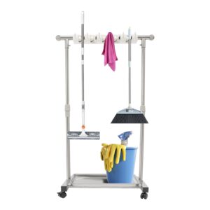 cherimumu broom mop holder, movable put wet mops floor standing cleaning tool rack, stainless steel cleaning supplies organizer for schools hospitals factories hotels restaurant, 6 hook and 5 slots