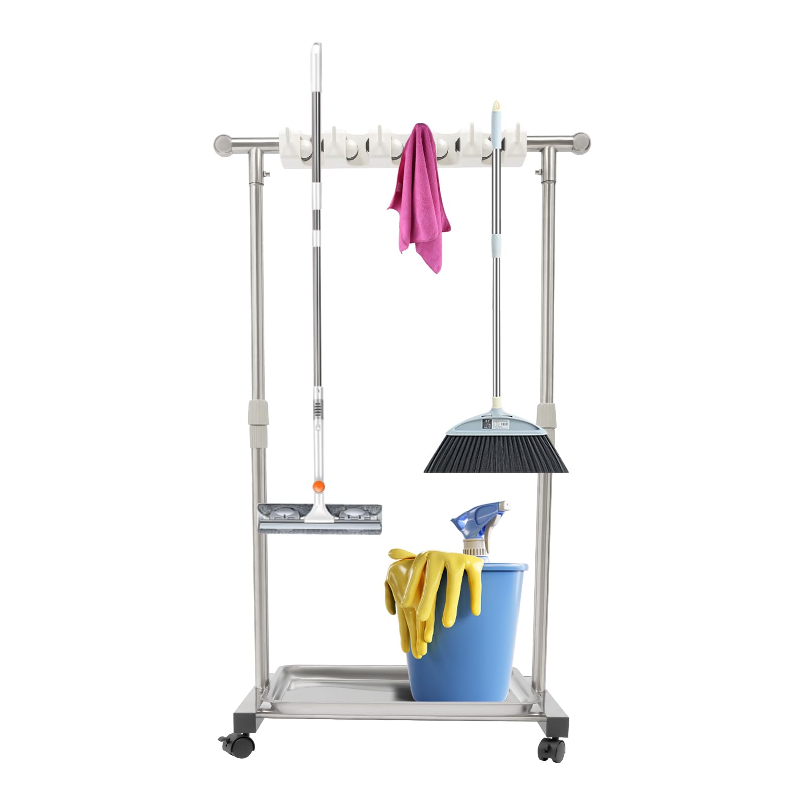 CheriMuMu Broom mop Holder, Movable Put Wet Mops Floor Standing Cleaning Tool Rack, Stainless Steel Cleaning Supplies Organizer for Schools Hospitals Factories Hotels Restaurant, 6 Hook and 5 Slots