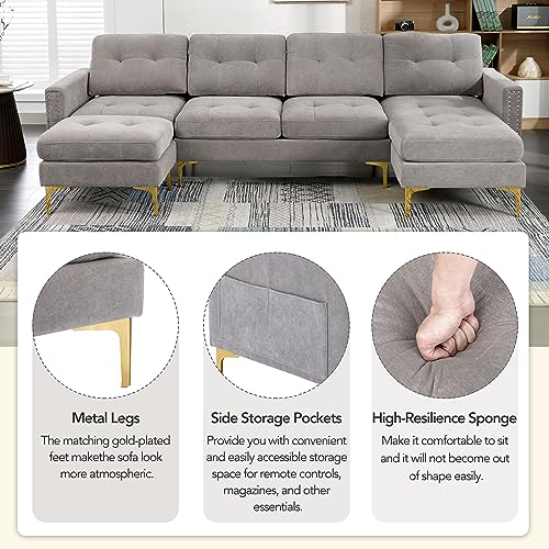 EOVTK Convertible Sectional Sofa with Movable Ottoman, 110" L-Shape Velvet Couch with Golden Metal Legs & Side Storage Pockets for Living Room, Apartment, Office, Light Gray