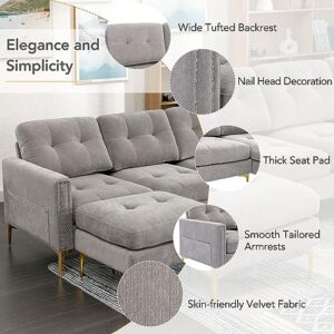 EOVTK Convertible Sectional Sofa with Movable Ottoman, 110" L-Shape Velvet Couch with Golden Metal Legs & Side Storage Pockets for Living Room, Apartment, Office, Light Gray