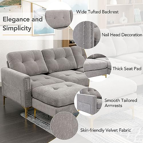 EOVTK Convertible Sectional Sofa with Movable Ottoman, 110" L-Shape Velvet Couch with Golden Metal Legs & Side Storage Pockets for Living Room, Apartment, Office, Light Gray