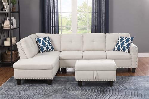 98" W Linen Sectional Sofa Upholstered Modular Couch with Cup Holder, 29" W Ottoman, 3 Combo Piece Living Room Furniture Set for 2 Toss Pillows and Rounded Arm, L-Shaped Button Nailhead Trim, Beige