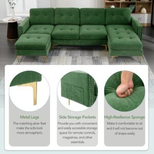 EOVTK Convertible Sectional Sofa with Movable Ottoman, 110" L-Shape Velvet Couch with Golden Metal Legs & Side Storage Pockets for Living Room, Apartment, Office, Green