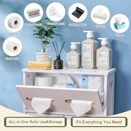 VECELO Mega Roll Toilet Paper Holder Cabinet, Stand Bathroom Storage Organizer of Rolls & Paper Towel, Waterproof, Large Capacity Reserve, Trapdoor Lid, 8.66" D × 17.72" W × 31.5" H, White