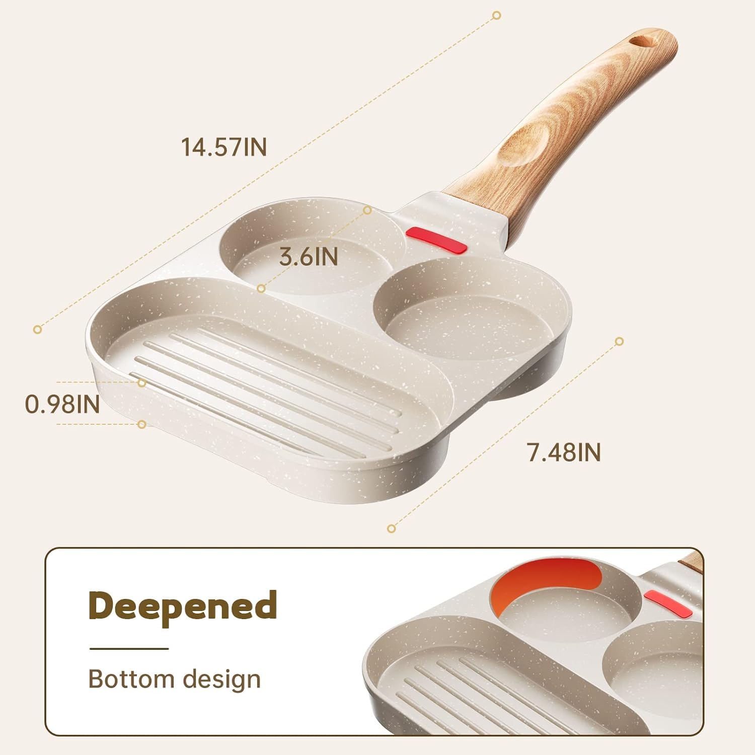 Egg Frying Pan Breakfast Pan - Nonstick Divided Pan, Versatile Fried Egg Pan, Pancake Pan for Breakfast, Gas Stove & Induction Compatible, PFOA PFOS APEO Free, Easy to Clean,Beige