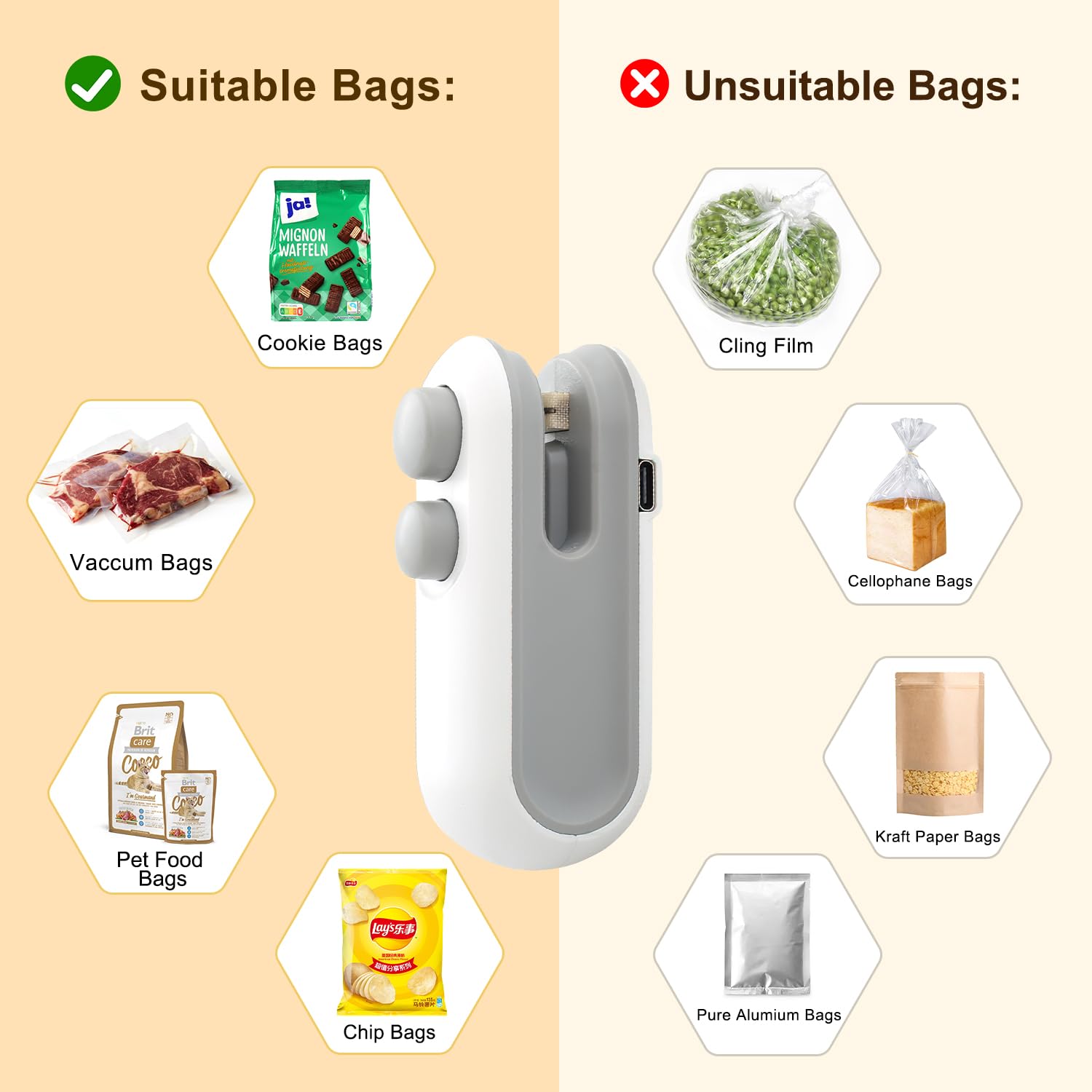 2Pcs Mini Bag Sealer, Rechargeable Heat Sealer, 2 in 1 Chip Bag Sealer & Cutter, Mini Bag Resealer Machine, Portable Handheld Food Sealer for Plastic Bags Snacks Bags Food Storage, White