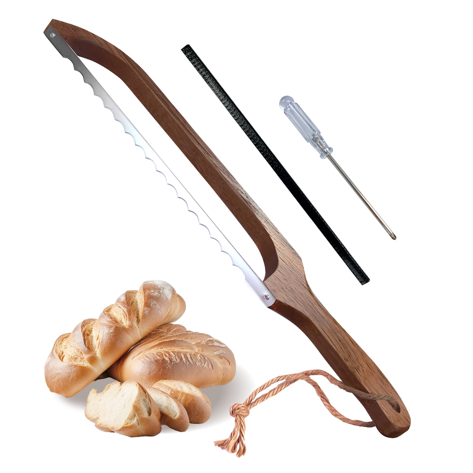 HOTTOR Bread Knife for Homemade Bread,Wooden Sourdough Bread Slicer with Bow Design,Premium Stainless Steel Serrated Saw Bread cutter for Bagels, Baguettes and More, brown