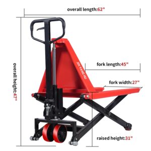 Manual Scissor Pallet Jack Truck 31.5" High Lift Hand Truck 45" Lx27 W Forks 3300lbs Capacity Pallet Lift Suitable for EU Pallet