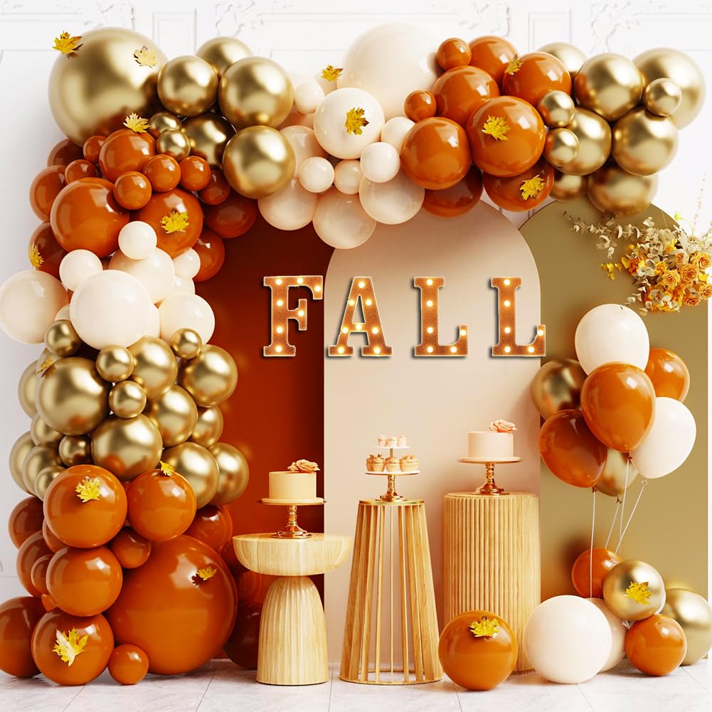 Fall Balloons Garland Arch Kit Orange Gold Burgundy White Confetti Balloons with Artificial Maple Leaves Garland for Thanksgiving Autumn Little Pumpkin Baby Shower Birthday Party Decorations