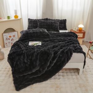 chovy Kids Girls Rabbit Plush Black Bread Grid Comforter Cover Duvet Cover Full - 3PC Faux Fur Bed Set Soft Warm Velvet Flannel Fluffy Fuzzy Bedding（Comforter x 1 Pillowcases x 2）