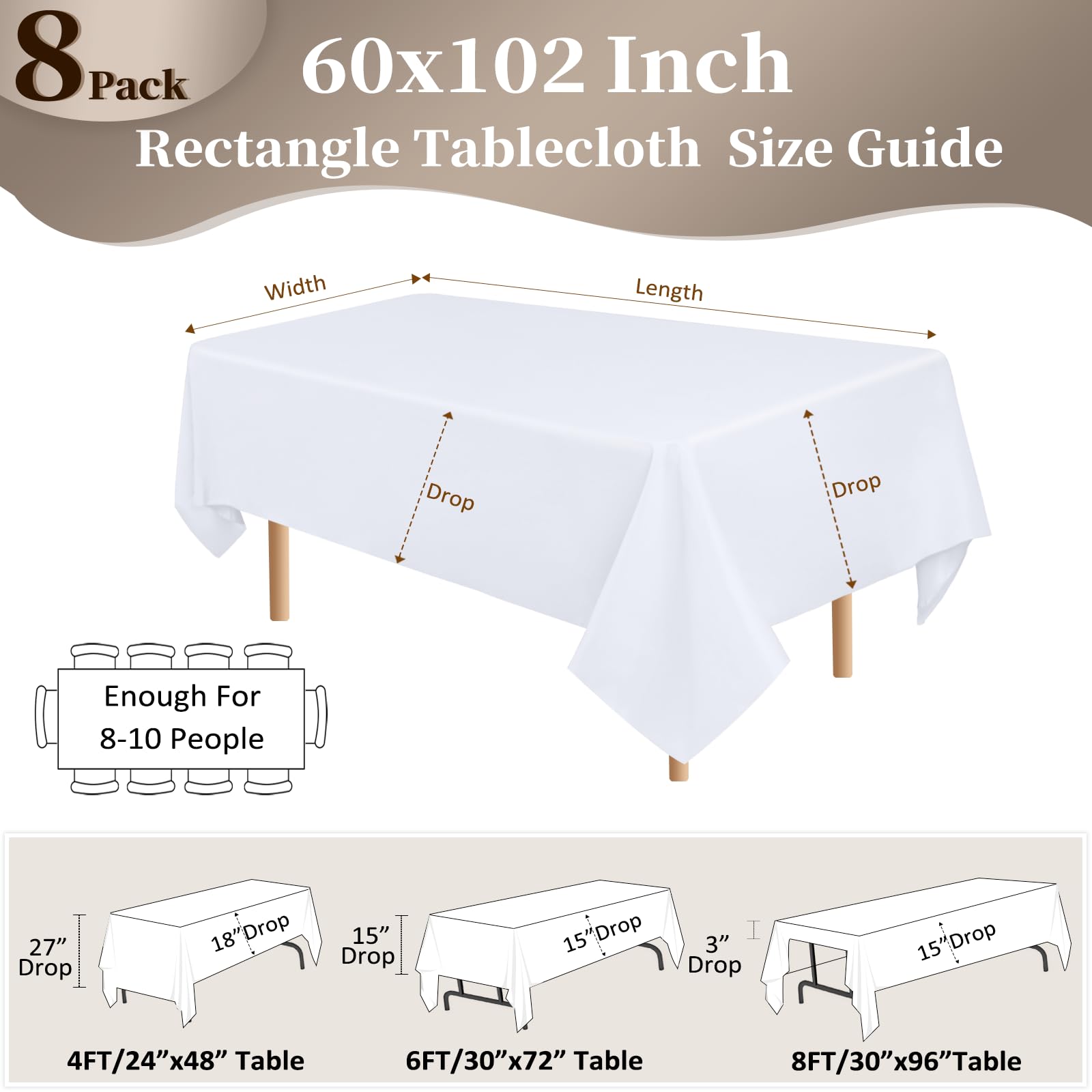 8 Pack White Table Cloth 60x102 Inch Rectangle Tablecloths for 6 Foot Rectangle Tables, Wrinkle Resistant Washable Polyester Fabric Rectangular Table Cover for Dining Banquet Wedding Party