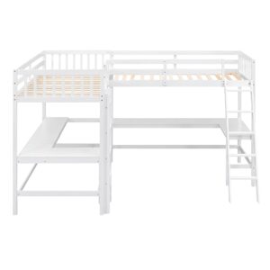 DRELOFT Twin Size L-Shaped Double Loft Beds with 2 Built-in Desks and Ladder, Wood Double High Loft Bed Frame with Safety Guardrails for Kids, Teens, Boys and Girls, 2 Beds in 1 Designed, White