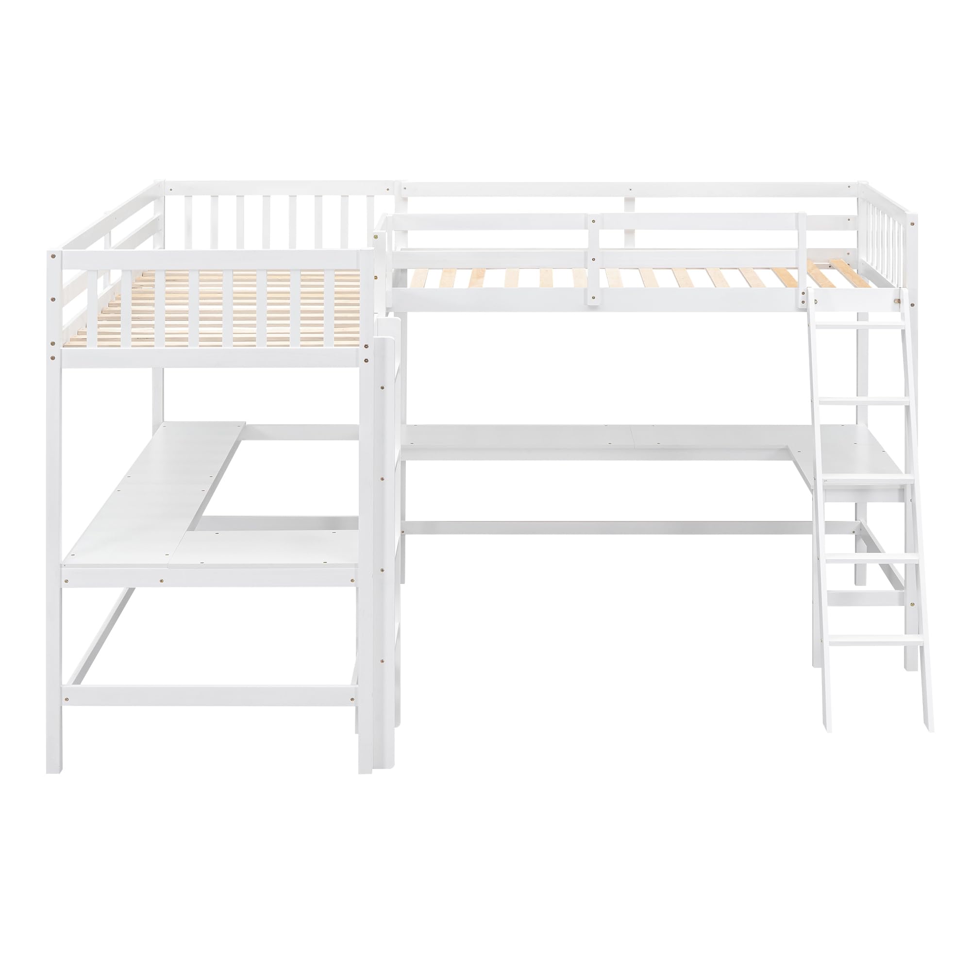 DRELOFT Twin Size L-Shaped Double Loft Beds with 2 Built-in Desks and Ladder, Wood Double High Loft Bed Frame with Safety Guardrails for Kids, Teens, Boys and Girls, 2 Beds in 1 Designed, White