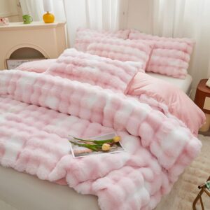 chovy Rabbit Plush Pink White Faux Fur Duvet Cover Comforter Cover King - 3PC Bed Set Ultra Soft Shaggy Flannel Velvet Fluffy Fuzzy Bedding（Duvet Cover x 1 Pillowcases x 2）