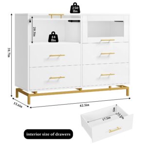 HITHOS White Dresser, 6 Drawer Double Tall Dresser for Bedroom with Fluted Glass Door, Wide Wood Chest of Drawers, Modern Gold Storage Dresser with Sturdy Metal Base for Living Room, Entrway, Hallway