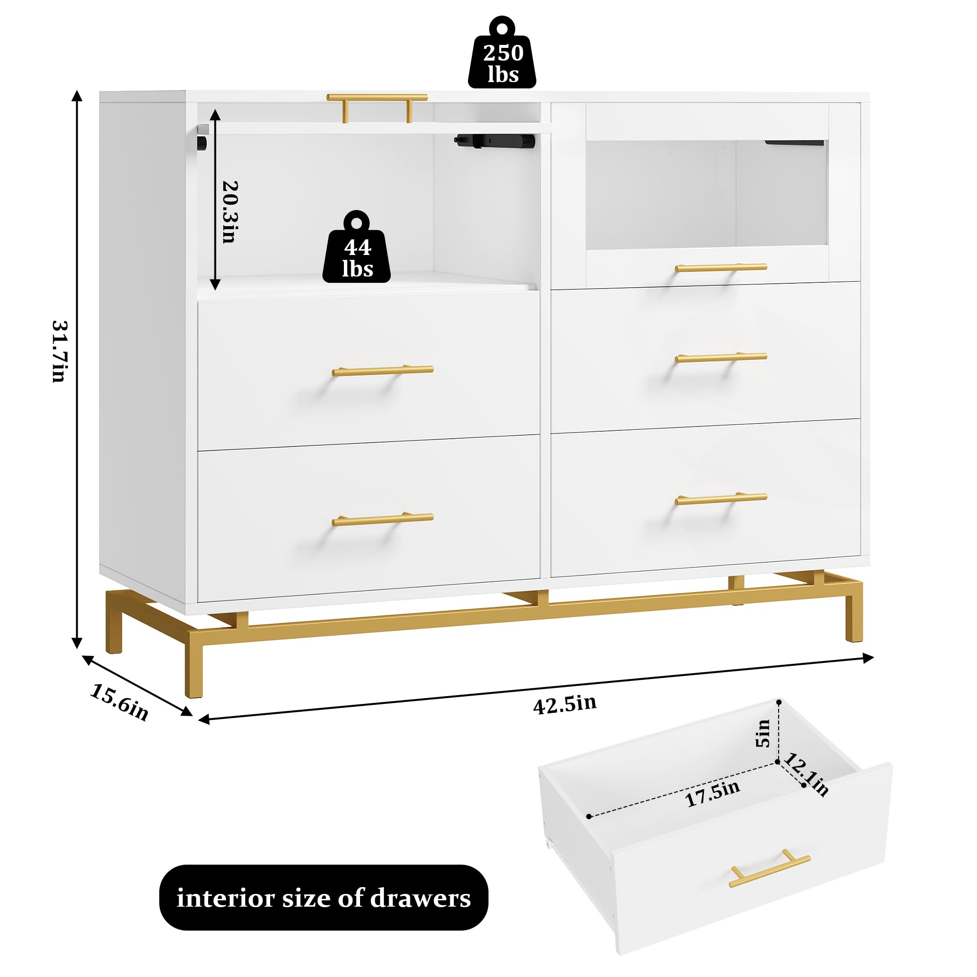 HITHOS White Dresser, 6 Drawer Double Tall Dresser for Bedroom with Fluted Glass Door, Wide Wood Chest of Drawers, Modern Gold Storage Dresser with Sturdy Metal Base for Living Room, Entrway, Hallway