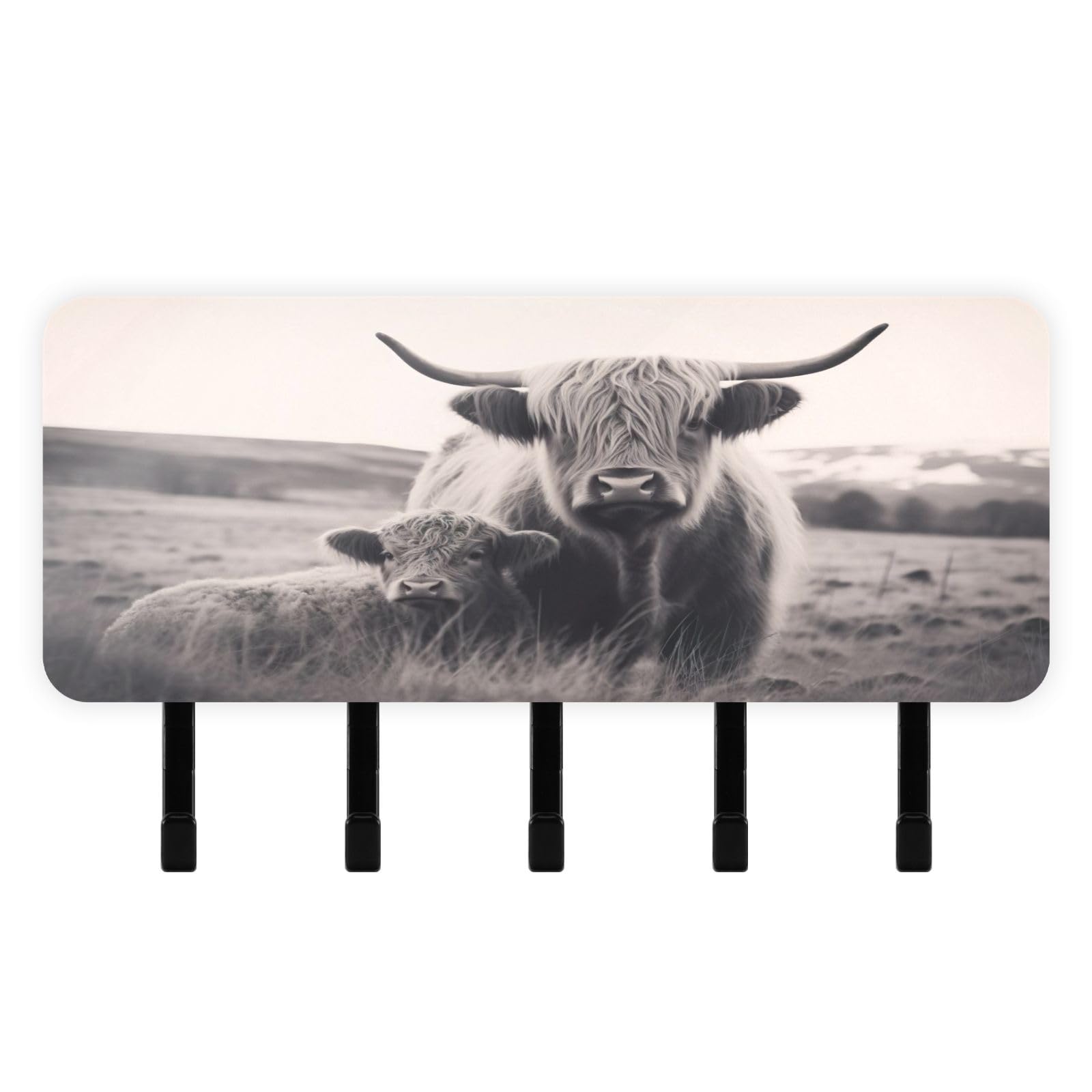 Burbuja Highland Cow Key Holder with 5 Key Hooks, Self Adhesive Wall Mounted Key Racks Mail Storage Organizer for Entryway, Home Decor