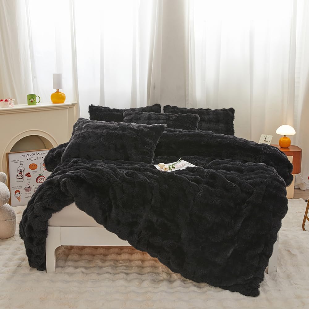 chovy Kids Girls Rabbit Plush Black Bread Grid Comforter Cover Duvet Cover Full - 3PC Faux Fur Bed Set Soft Warm Velvet Flannel Fluffy Fuzzy Bedding（Comforter x 1 Pillowcases x 2）