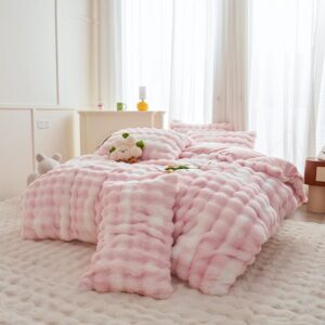 chovy Rabbit Plush Pink White Faux Fur Duvet Cover Comforter Cover King - 3PC Bed Set Ultra Soft Shaggy Flannel Velvet Fluffy Fuzzy Bedding（Duvet Cover x 1 Pillowcases x 2）