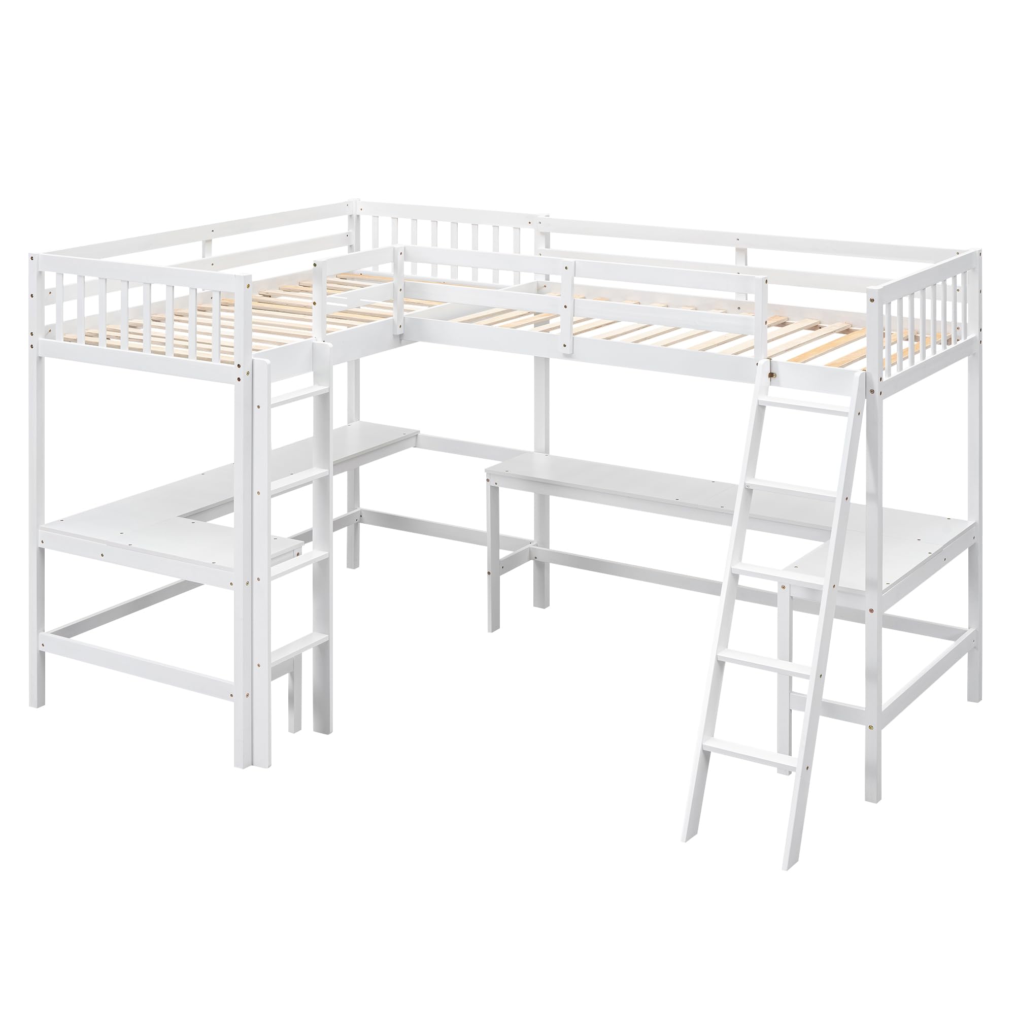 DRELOFT Twin Size L-Shaped Double Loft Beds with 2 Built-in Desks and Ladder, Wood Double High Loft Bed Frame with Safety Guardrails for Kids, Teens, Boys and Girls, 2 Beds in 1 Designed, White