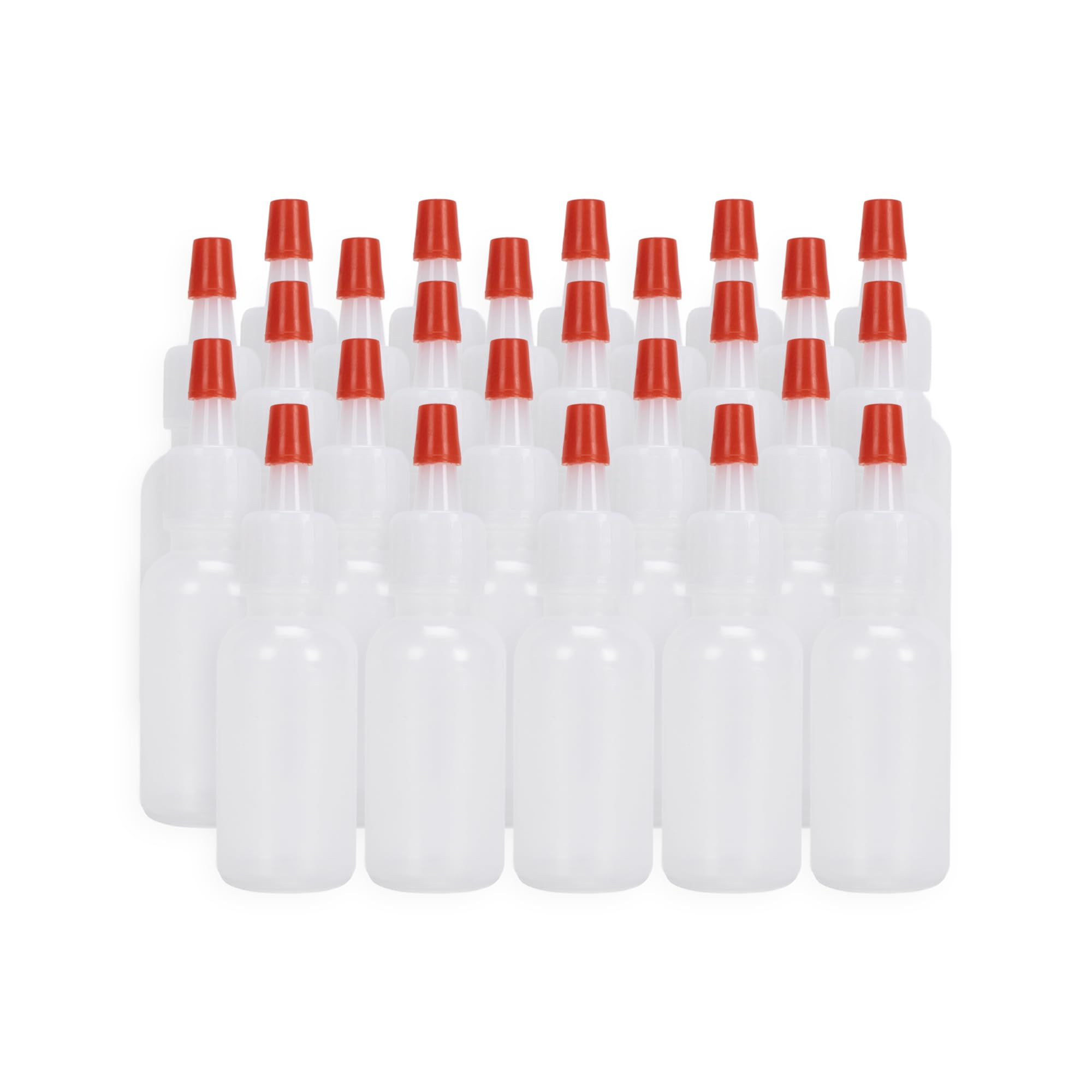 Plastic Boston Round Squeeze Bottles, ½oz/15mL Dropper Bottle with Yorker Red Tip Caps, 25 Pack Squirt Bottles for Liquids, for Crafting & Paints, Condiment Bottles for Sauces, Dressing, Oil, Honey