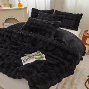 chovy Kids Girls Rabbit Plush Black Bread Grid Comforter Cover Duvet Cover Full - 3PC Faux Fur Bed Set Soft Warm Velvet Flannel Fluffy Fuzzy Bedding（Comforter x 1 Pillowcases x 2）