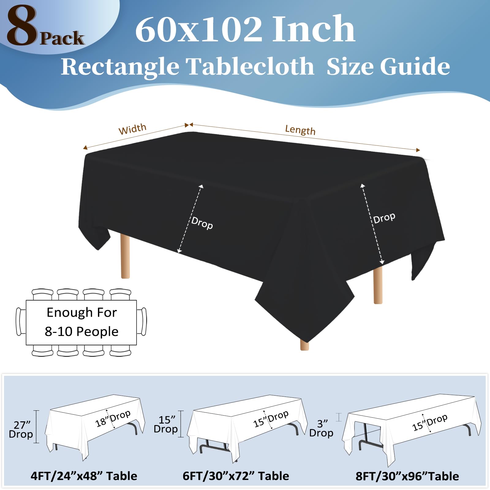 8 Pack Black Tablecloths 60x102 Inch Table Cloths for 6 Foot Rectangle Tables, Wrinkle Resistant Washable Rectangular Fabric Table Cover for Dining Wedding Banquet Camping Party