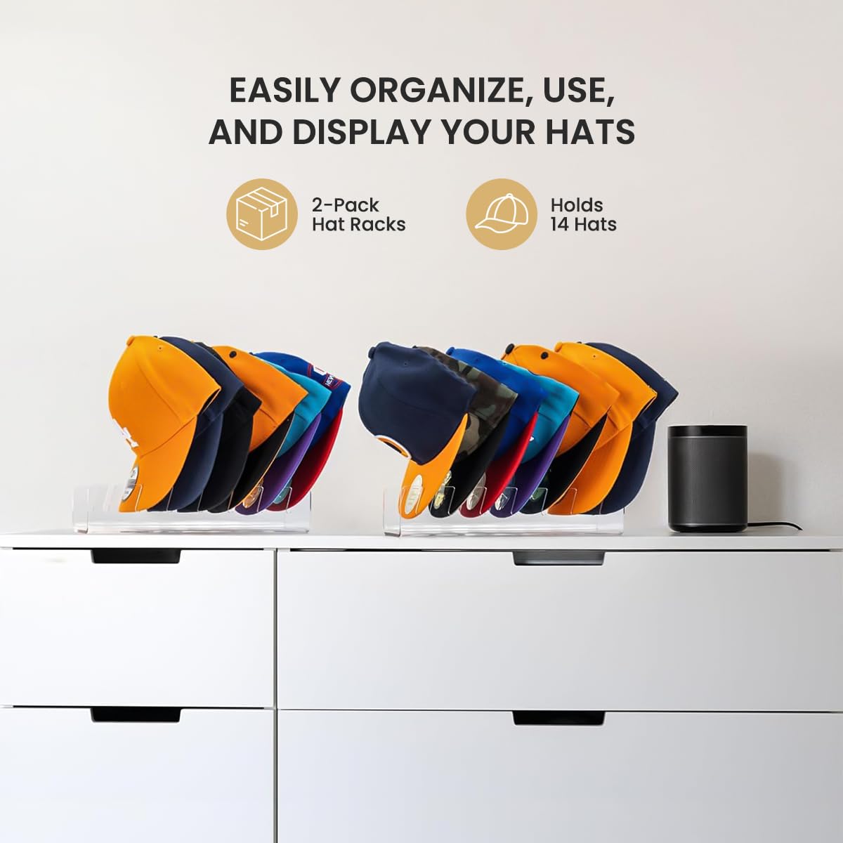 Hat Stand for Baseball Caps, 2 PCs No Install Acrylic Hat Organizer for 14 Baseball Caps, Hat Storage for Baseball Caps, Hat Stands for Display and Organizers for Bedroom, Closet, Dresser, Office