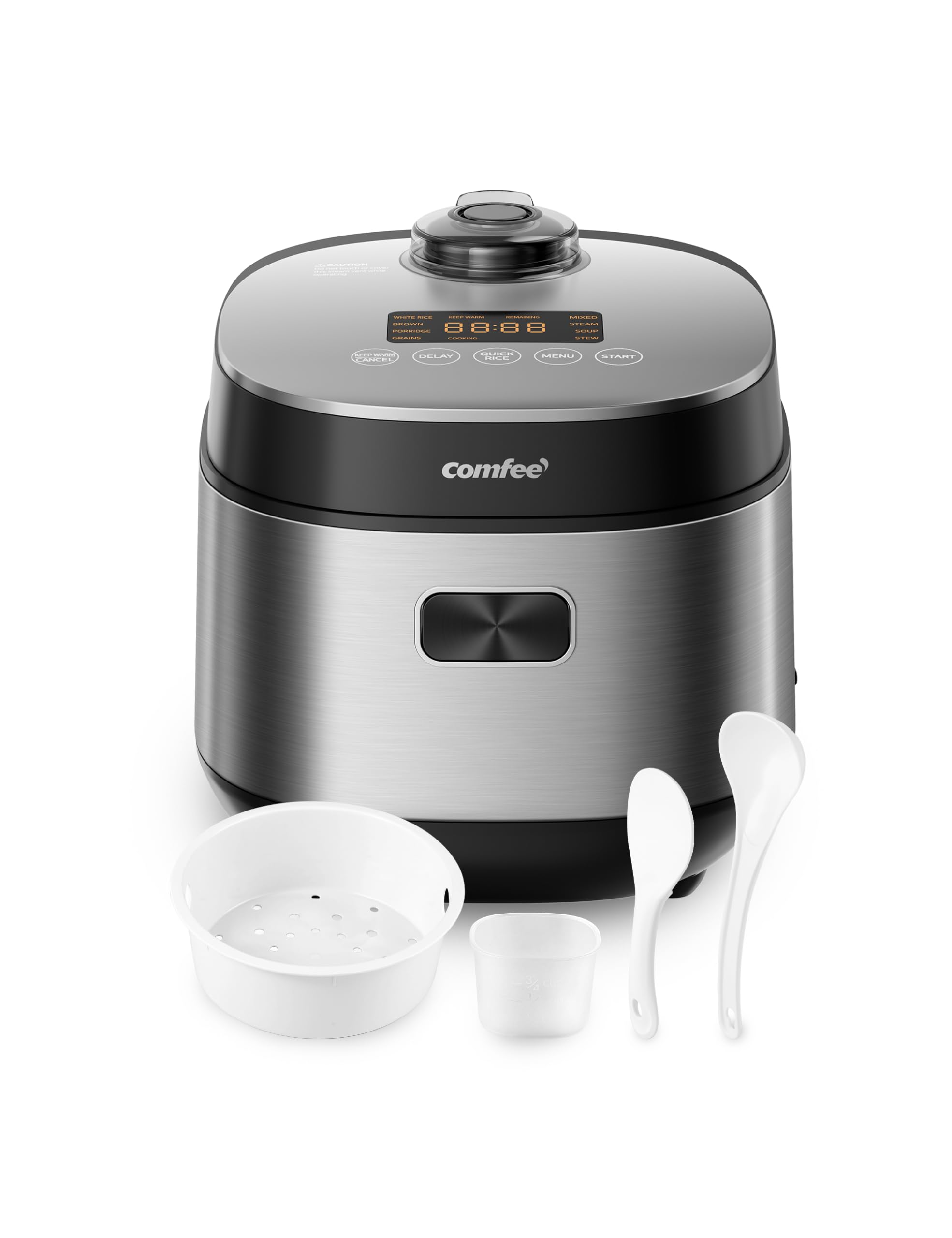 COMFEE' Compact Rice Cooker 8 Cups Cooked/4 Cups Uncooked, 9-in-1 Multi Cooker, Fast Rice Maker, Steam, Brown Rice, Grains, Fuzzy Logic Technology, Grey