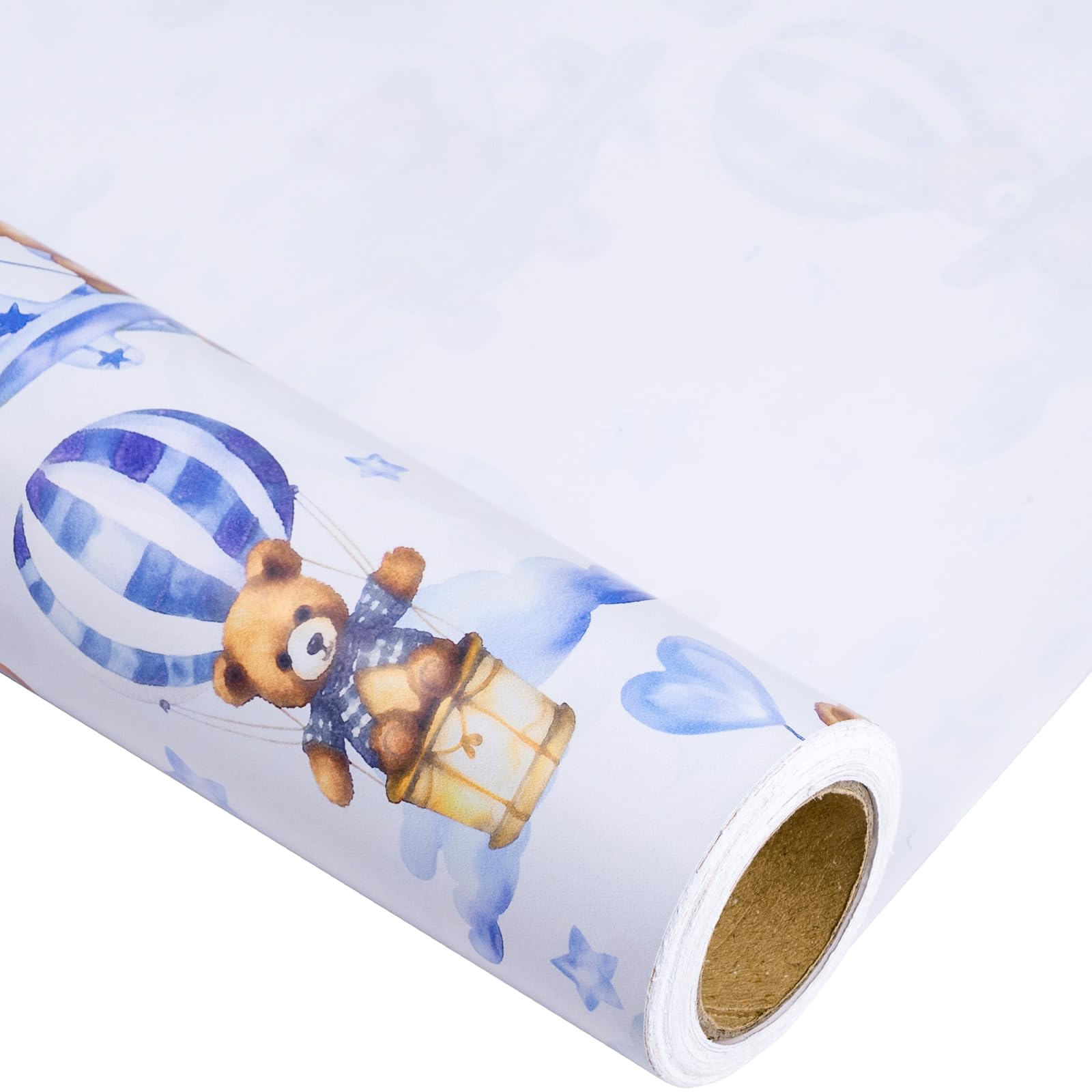 LeZakaa Gift Wrapping Paper Roll - Mini Roll - Blue Teddy Bear Hot Air Balloon Design for Baby Boy Birthday, Baby Shower - 17 inches x 32.8 Feet (46.45 sq.ft.)