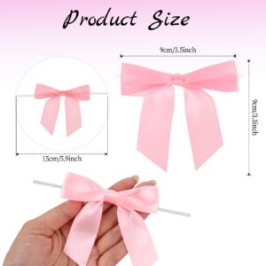 Twist Tie Bows, 50 Pack Pink Satin Bows for Crafts 3.5" Pre-Tied Pink Ribbon Bows Wedding Favors Ribbon Bows for Gift Wrapping Treat Bag Present Craft Bridal Shower Christmas Thanksgiving