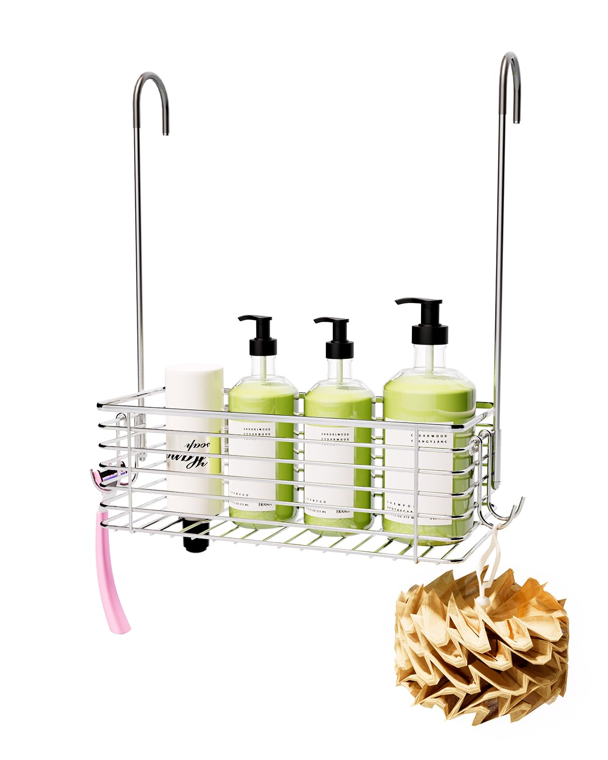 QIHS Shower Caddy Hanging Hanging Bathroom Door Organizer Shampoo Holder Shower Armpit Swivel Arm With 2 Storage Hooks, 304 Stainless Steel Rust Resistant