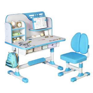 hiborth height adjustable kids study desk and chair set with shelf, astronaut pattern, ergonomic dual back support, storage drawer, for boys and girls 3+