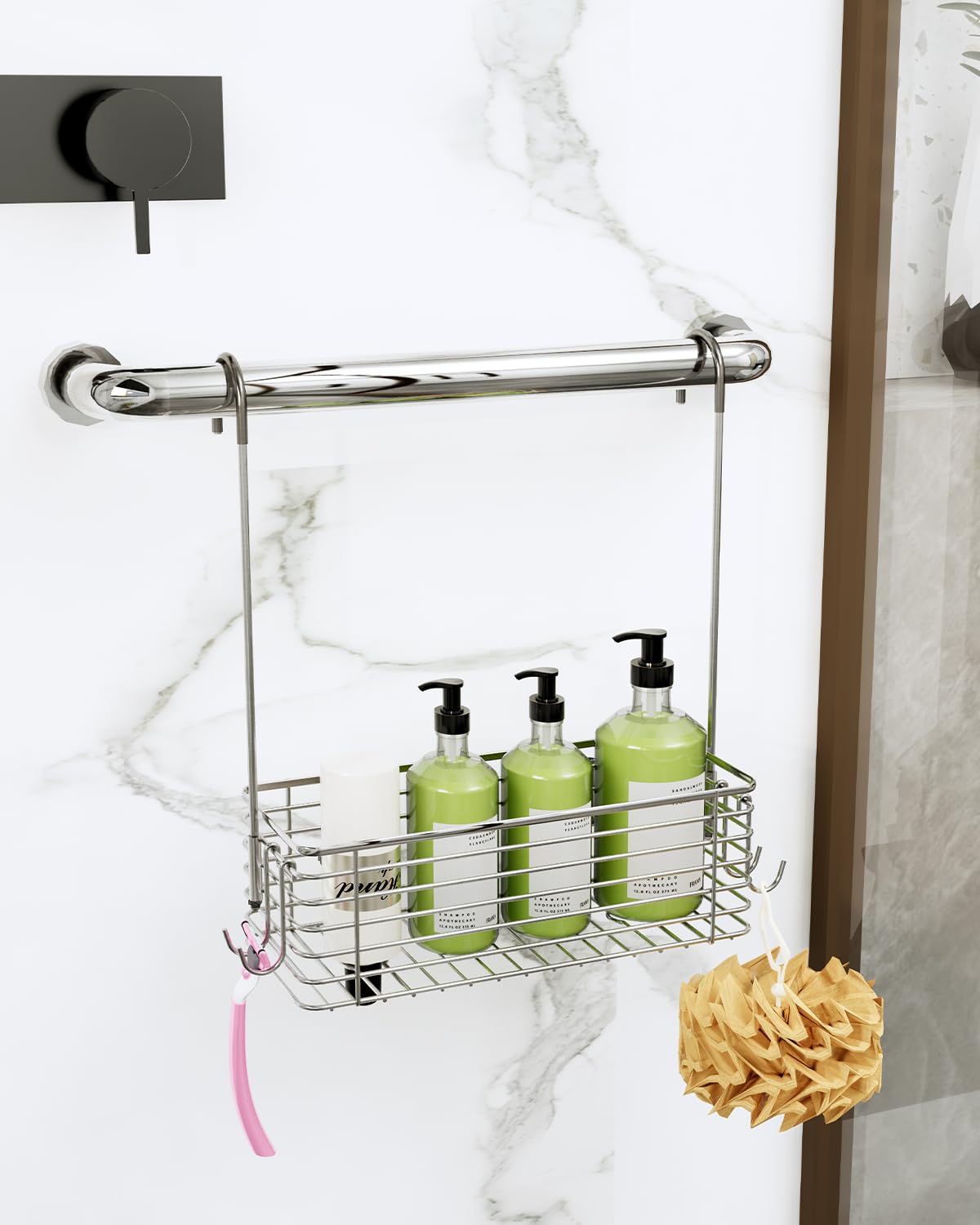 QIHS Shower Caddy Hanging Hanging Bathroom Door Organizer Shampoo Holder Shower Armpit Swivel Arm With 2 Storage Hooks, 304 Stainless Steel Rust Resistant