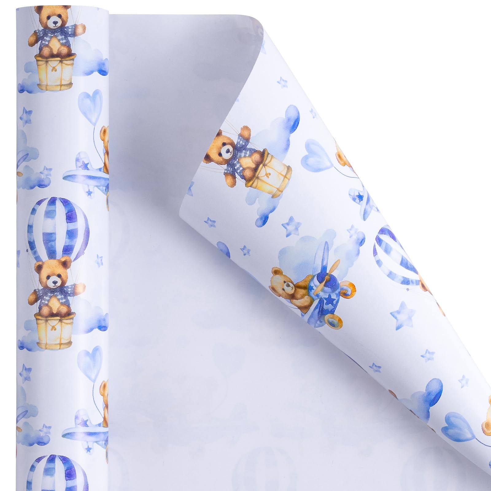 LeZakaa Gift Wrapping Paper Roll - Mini Roll - Blue Teddy Bear Hot Air Balloon Design for Baby Boy Birthday, Baby Shower - 17 inches x 32.8 Feet (46.45 sq.ft.)