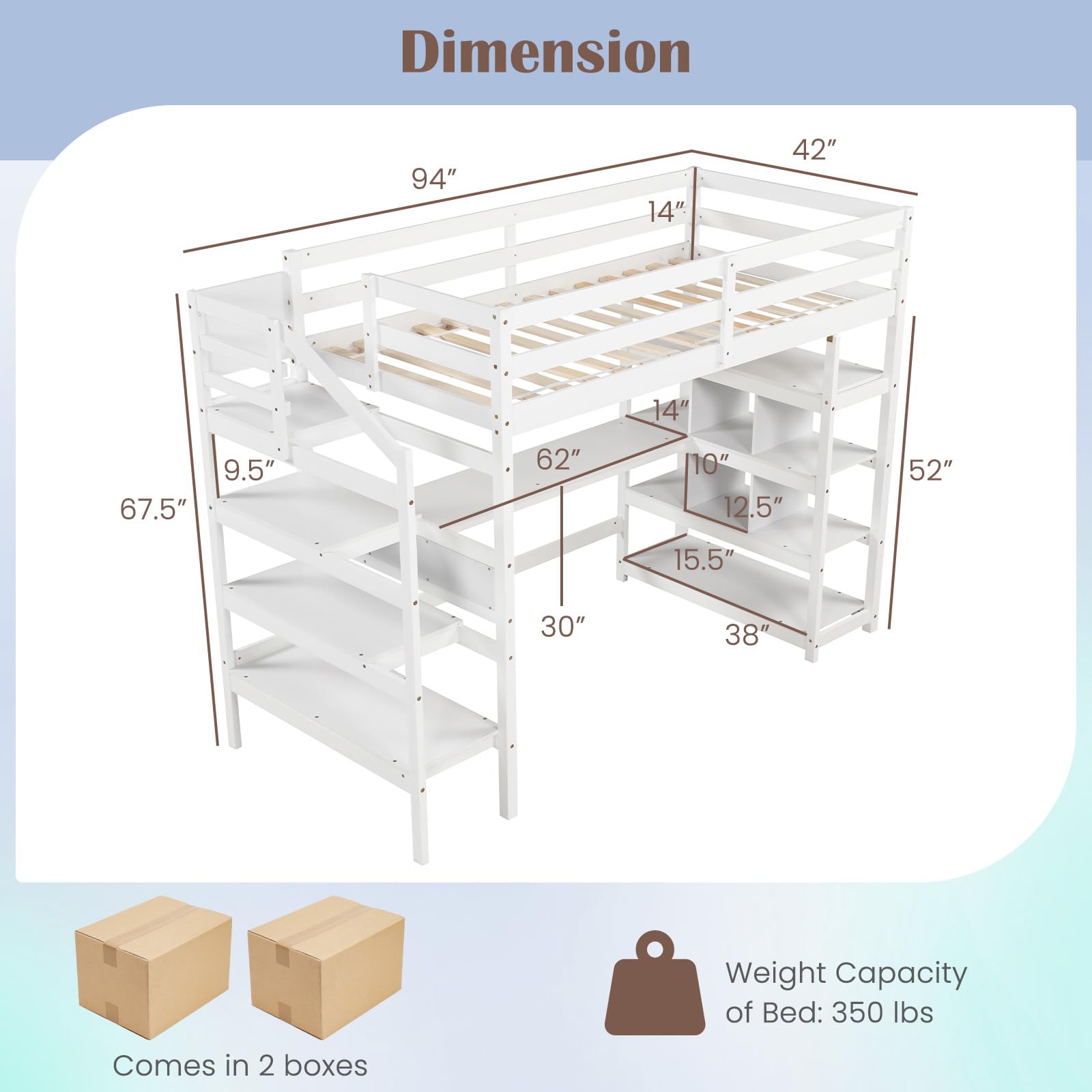 Giantex Twin Loft Bed with Desk and Stairs, Solid Wood High Loft Bed with 4-Tier Storage Shelves, Loft Bed Twin Size for Adults, Teens, Kids, Boys & Girls, No Box Spring Needed, White