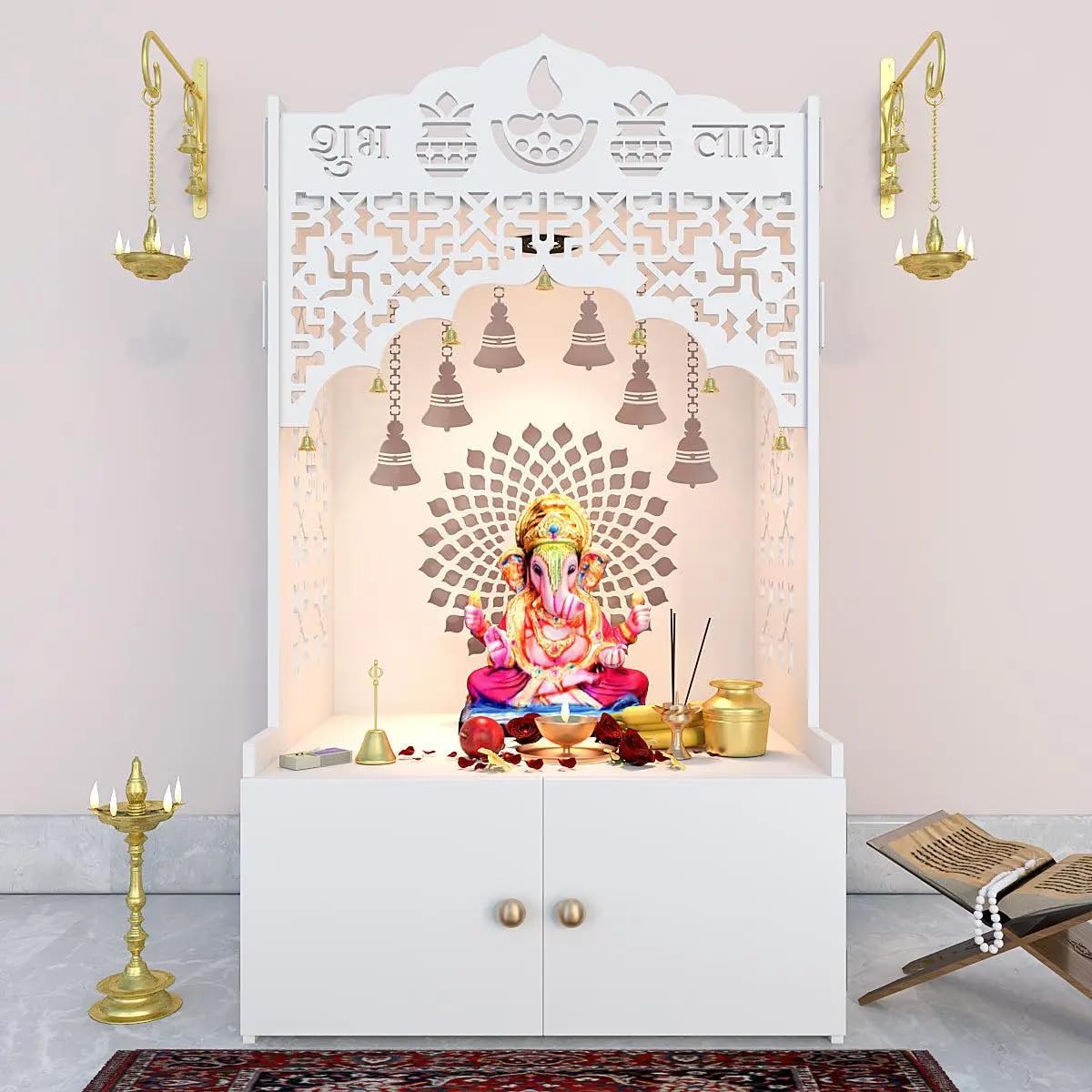 Homscape Divine Wooden Temple for Serenity with Spacious Shelf & Inbuilt Focus Light - White Color