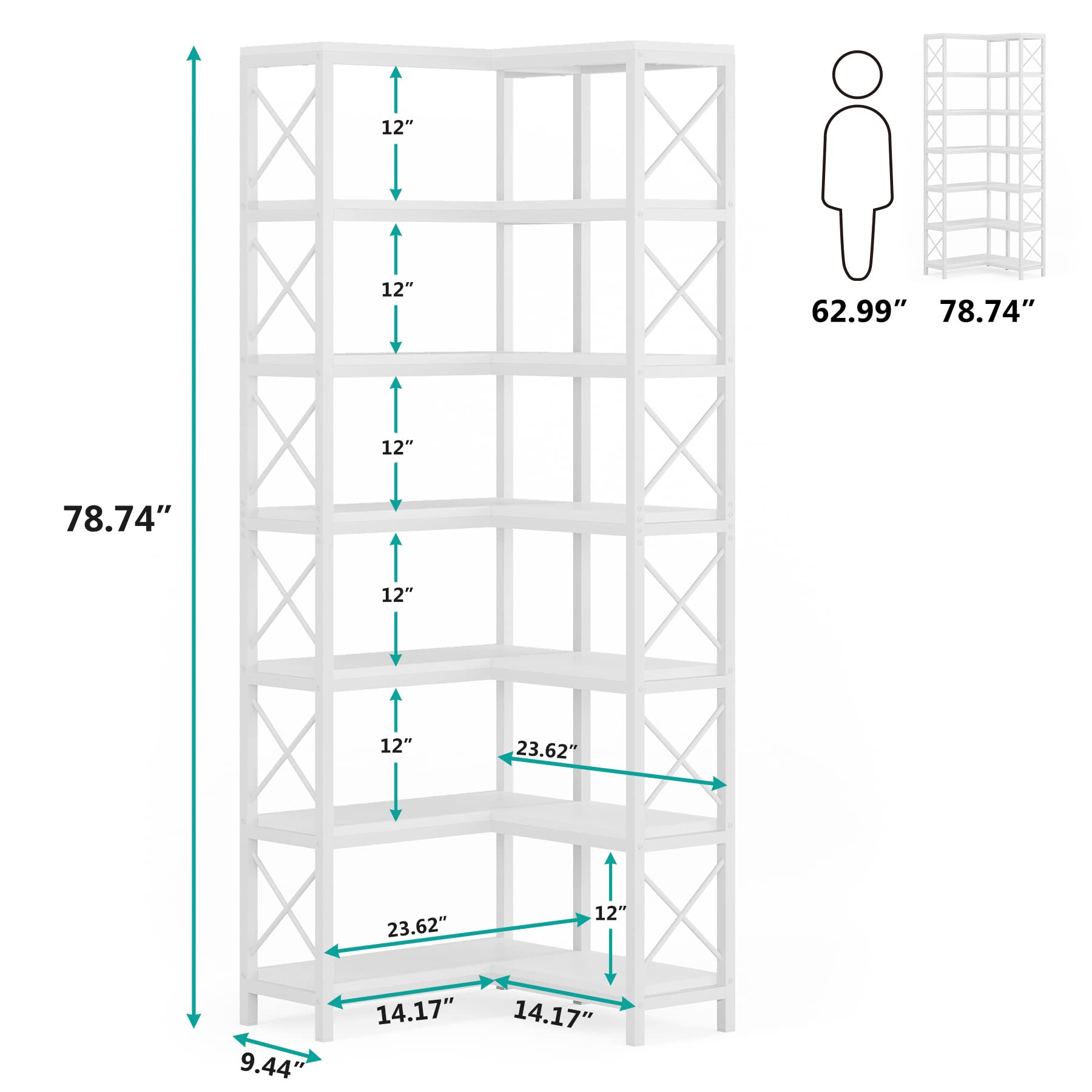 LITTLE TREE 7 Shelf Corner Bookcase, Industrial Large Corner Bookshelf, 7-Tier Tall Corner Shelf Storage Display Rack with Metal Frame for Living Room Home Office, White