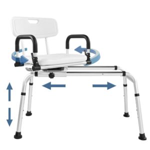 eosprim sliding shower chair tub transfer bench with 360° swivel seat, height adjustable, pivoting arms, 400 lbs capacity, for elderly disabled and handicap, ideal for bathtubs and showers (white, l)