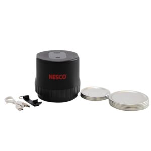 nesco electric mason jar vacuum sealer kit, type-c charging, fits wide and regular mouth jars, comes with 5 regular and 5 wide lids, bottle opener, and charging cable