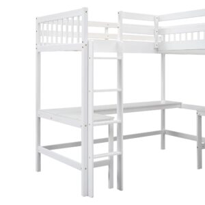 DRELOFT Twin Size L-Shaped Double Loft Beds with 2 Built-in Desks and Ladder, Wood Double High Loft Bed Frame with Safety Guardrails for Kids, Teens, Boys and Girls, 2 Beds in 1 Designed, White