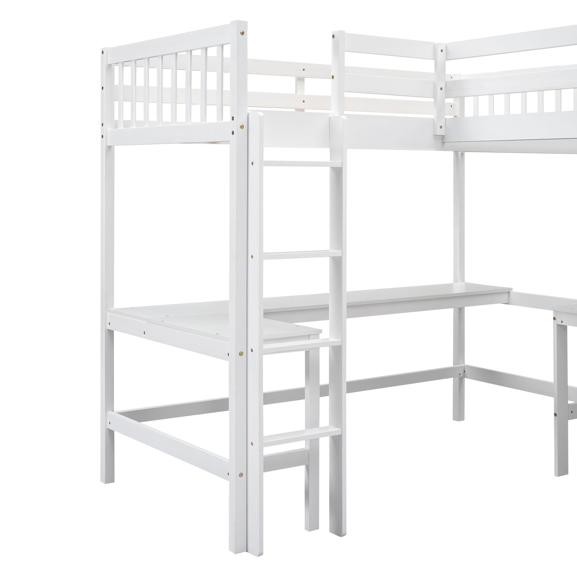 DRELOFT Twin Size L-Shaped Double Loft Beds with 2 Built-in Desks and Ladder, Wood Double High Loft Bed Frame with Safety Guardrails for Kids, Teens, Boys and Girls, 2 Beds in 1 Designed, White