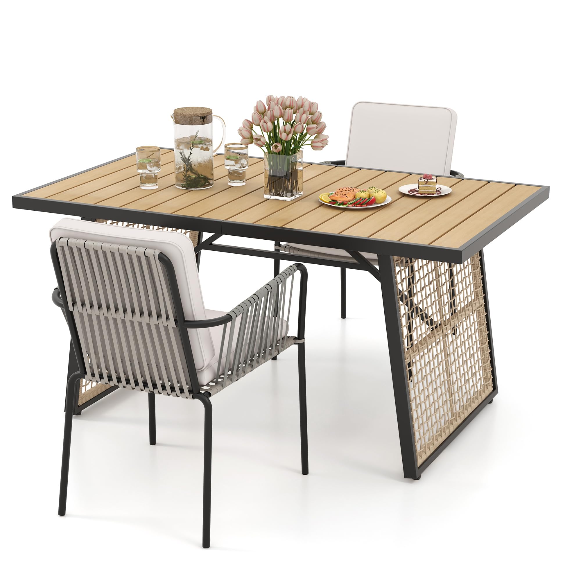 YITAHOME 3 Piece Patio Dining Set Outdoor Furniture Stackable All-Weather Comfortable Rope and Rattan Chairs & Rectangular Table for Courtyard Backyard Poolside Balcony, Nature Wood & Grey